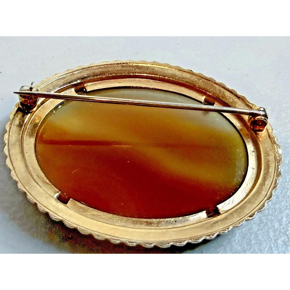 Vintage Orange Banded Agate Twisted Rope Oval Large Brooch Pin Retro‎ Silver